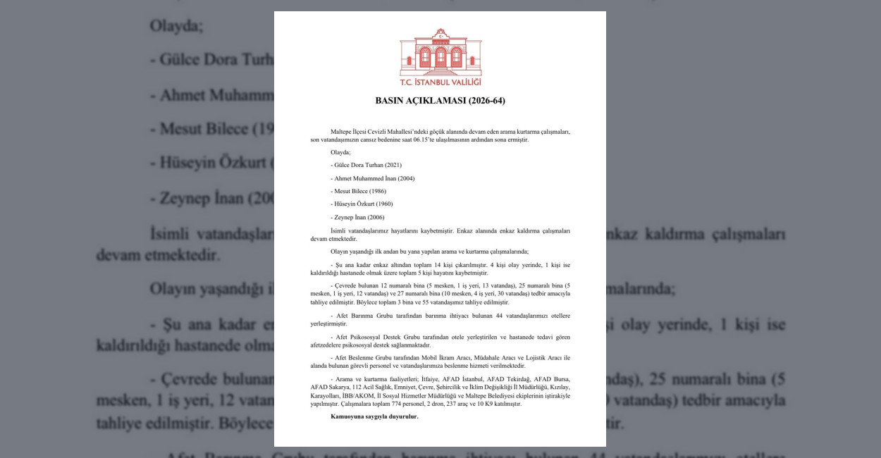 İstanbul Valiliği, Maltepe Cevizli Mahallesi'nde meydana gelen göçük olayı ve